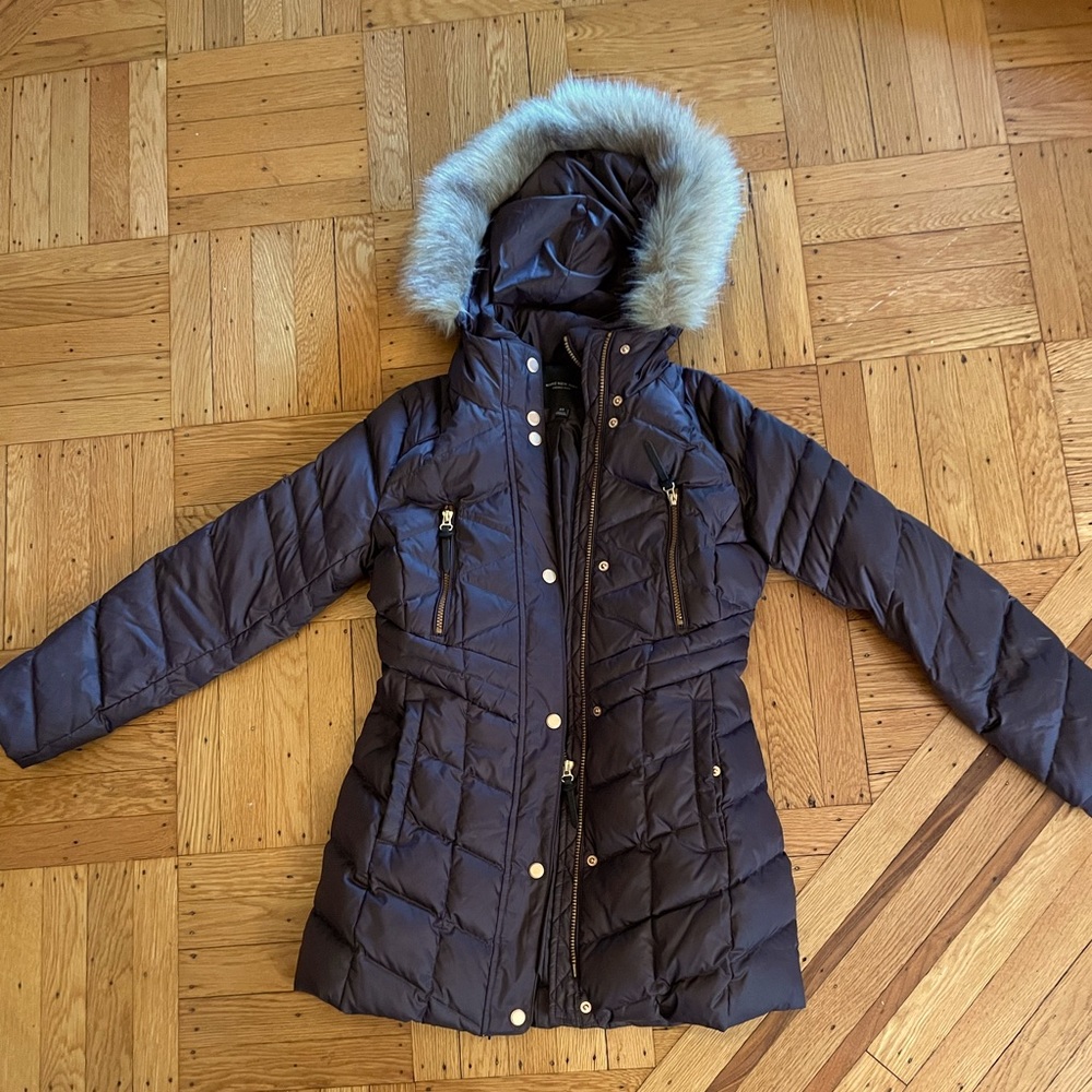 Marc New York brown hooded down jacket with removable faux fur hood size XS